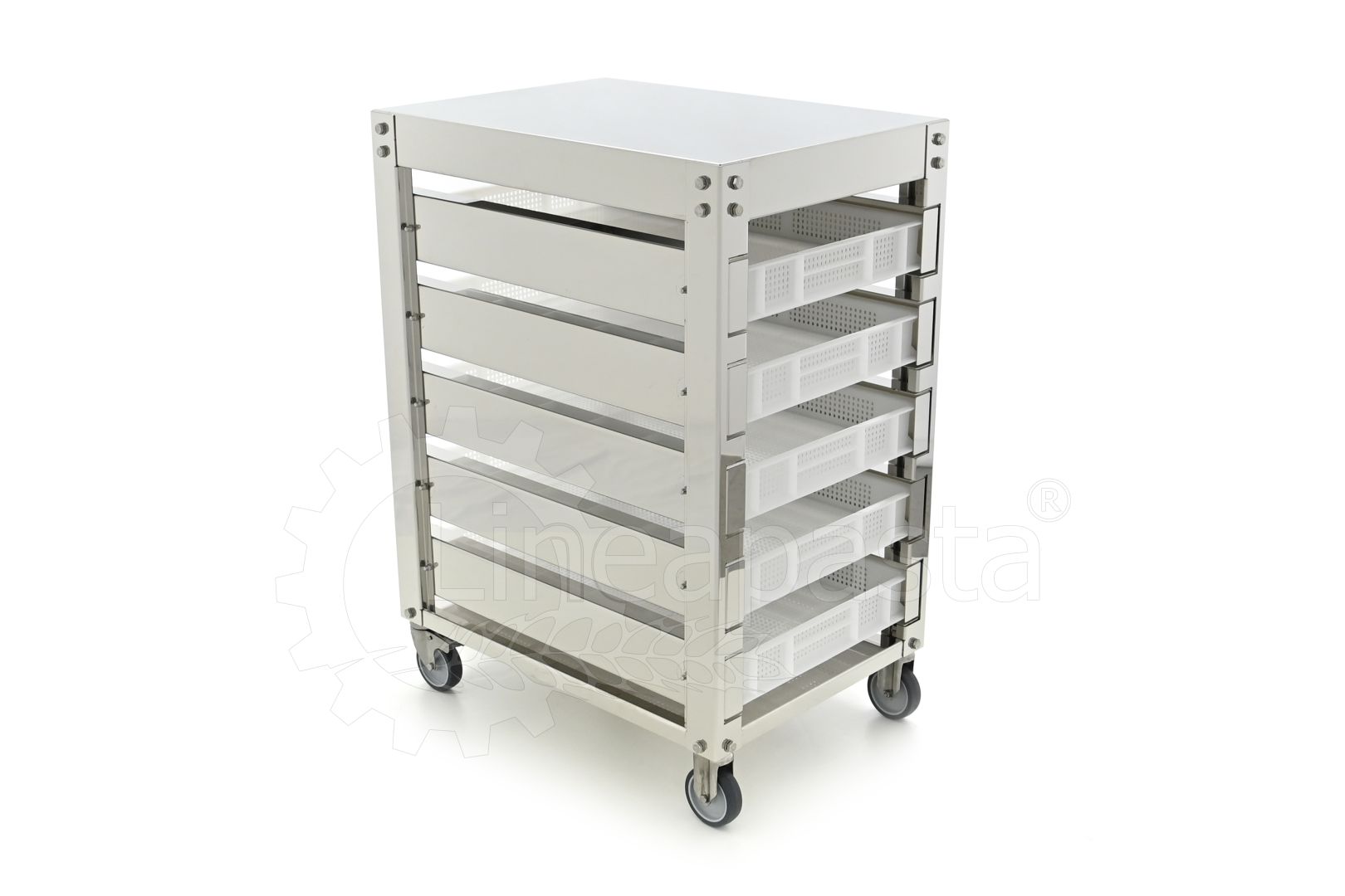Carro de acero inoxidable para 5 cajas