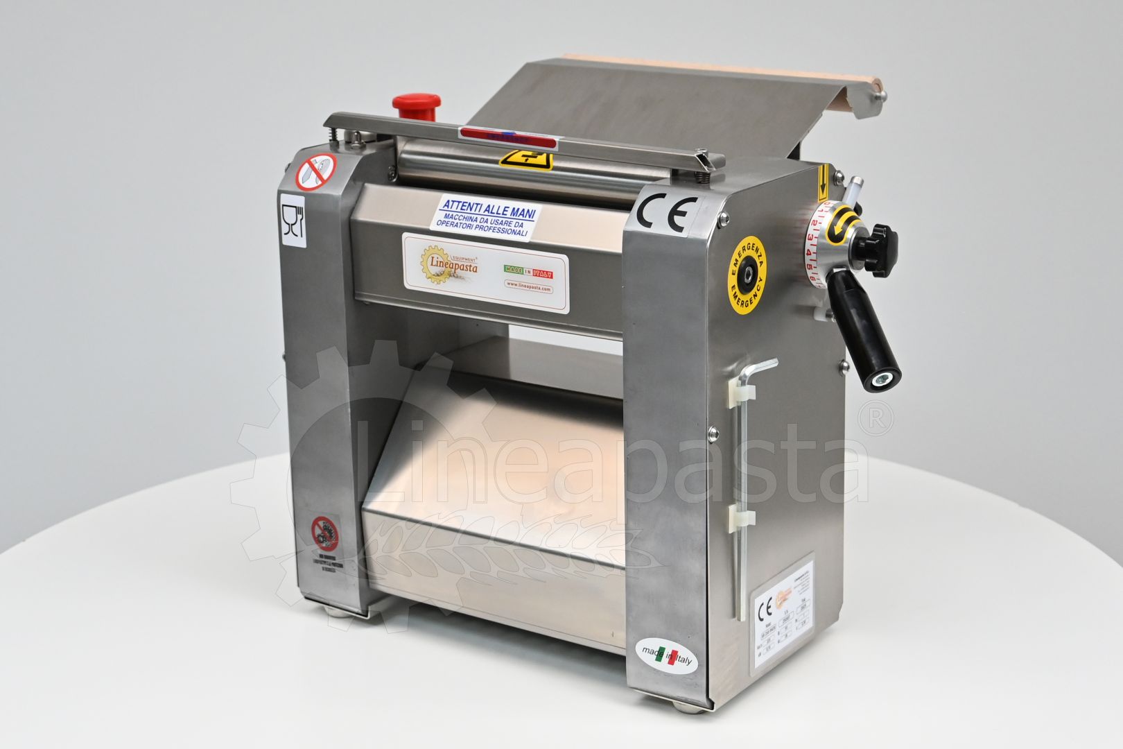 SR electric pasta sheeter with 250 mm stainless steel rollers on display