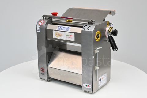 SR electric pasta sheeter with 250 mm stainless steel rollers on display