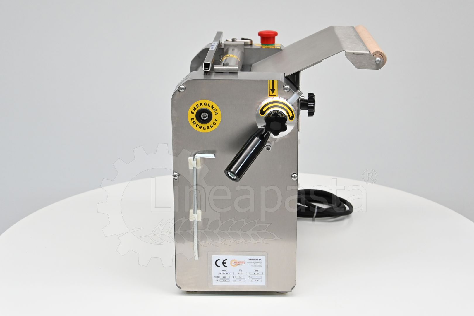 SR electric pasta sheeter with 250 mm stainless steel rollers on display