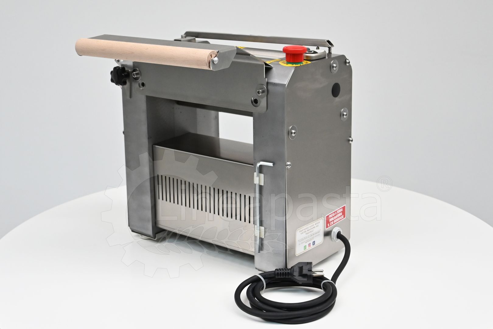 SR electric pasta sheeter with 250 mm stainless steel rollers on display