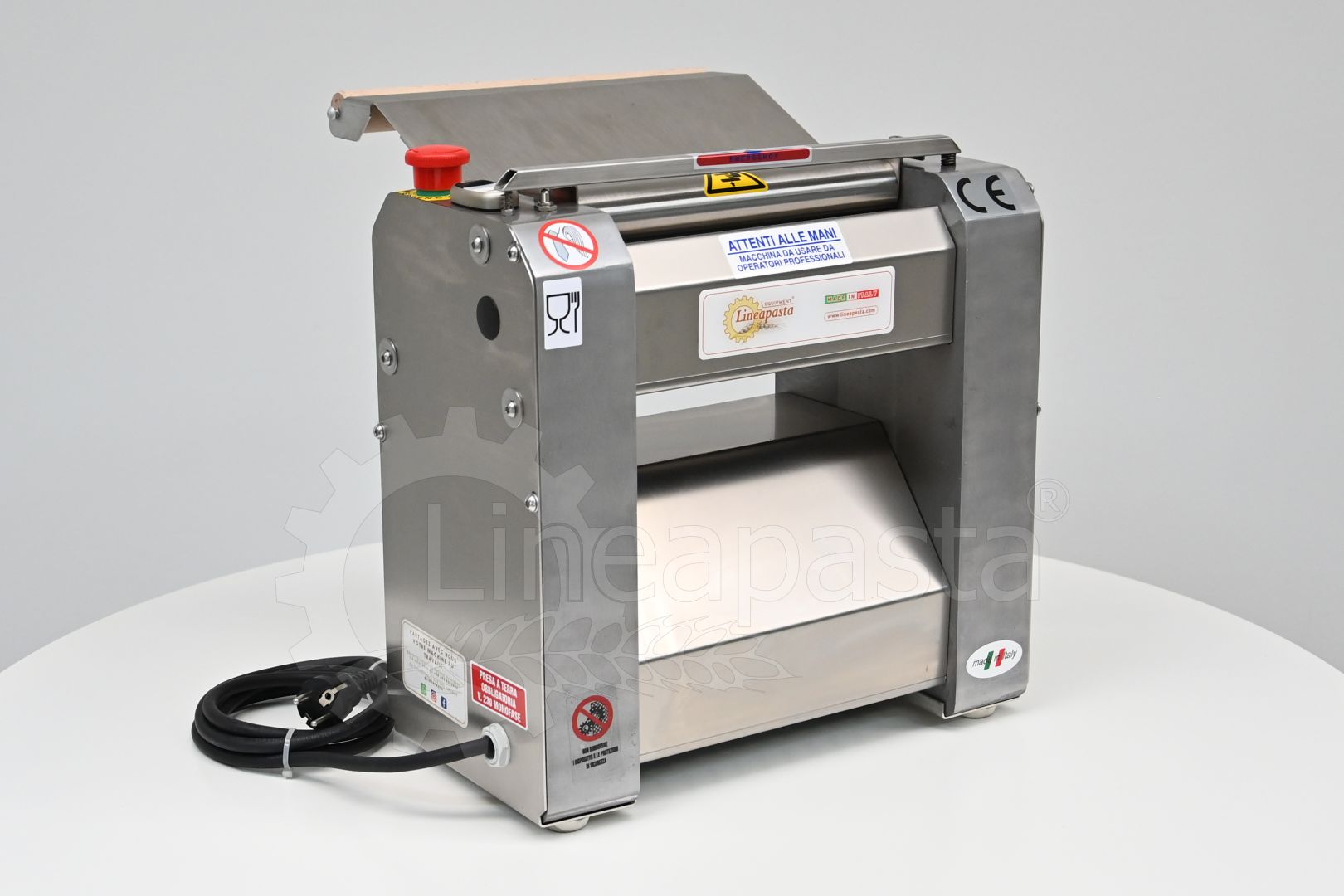 SR electric pasta sheeter with 250 mm stainless steel rollers on display