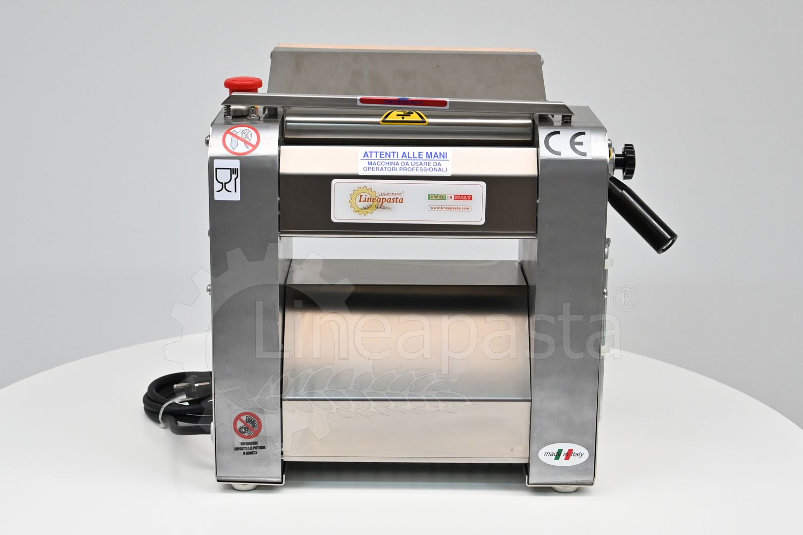 SR electric pasta sheeter with 250 mm stainless steel rollers on display