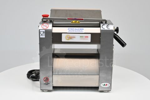 SR electric pasta sheeter with 250 mm stainless steel rollers on display